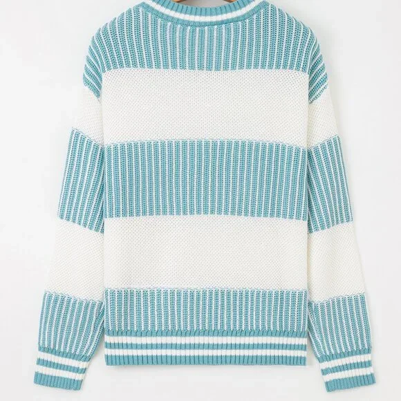 B328 Light Blue Two Tone Striped Patchwork Drop Shoulder Loose Sweater - Picture 6 of 6